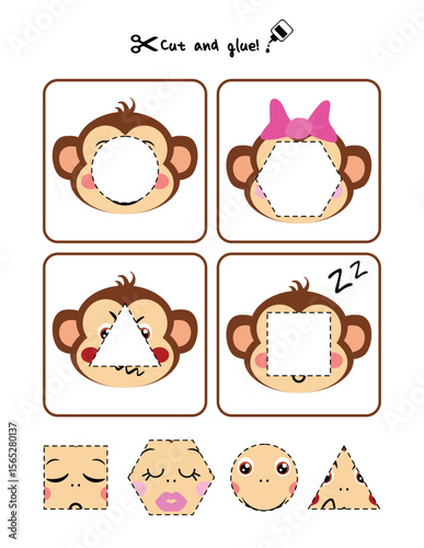 Children page with activity to cut, match and learn monkey shapes