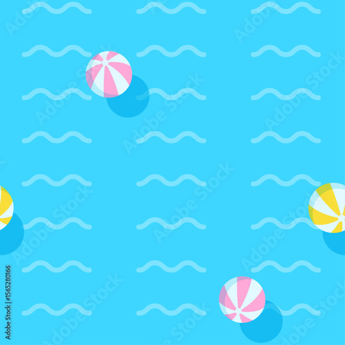 Summer vector seamless pattern. Blue water, vacation in ocean, sea, float, beach ball. Summer sport. Beach. Illustration.
