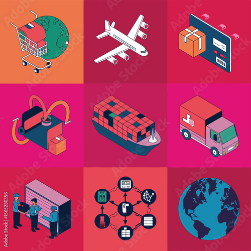 2d vector illustration colorful Land and sea transport techniques, methods and technological tools for transporting and shipping goods and products and logistic 
