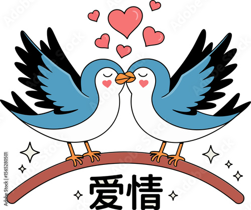 Qixi festival blue doves with hearts and bridge for Chinese valentine day love story illustration  