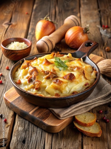 Tartiflette on a rustic wooden board