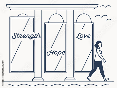 Woman walking past pillars displaying Strength Hope and Love with birds flying overhead in a simple illustration