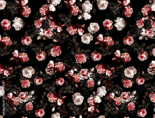 Fototapeta Naklejka Na Ścianę i Meble -  stock photo peony rose flower seamless pattern on black, abstract watercolor texture vector design 