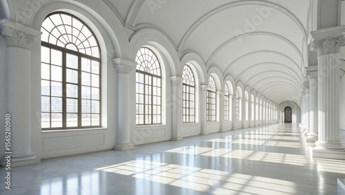 Sunlit grand hallway with arched windows and classical columns