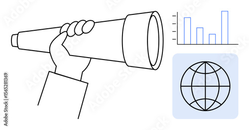 Hand gripping telescope for vision and exploration, paired with bar chart for analytics and globe for global connection. Ideal for strategy, research, business insight, innovation, exploration, data