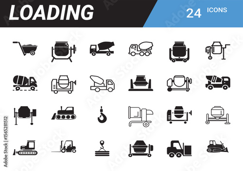 Concrete Construction Icons Set: A detailed collection of construction icons for various machinery, providing a versatile resource for projects