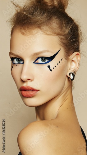 Gen Z graphic liner trends Stylish portrait of a woman showcasing modern makeup trends with bold eyeliner and a sophisticated look.