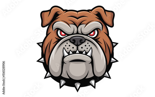 Fierce brown bulldog head with red eyes and spikes animal illustration