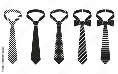 Five black and white neckties with various patterns fashion menswear
