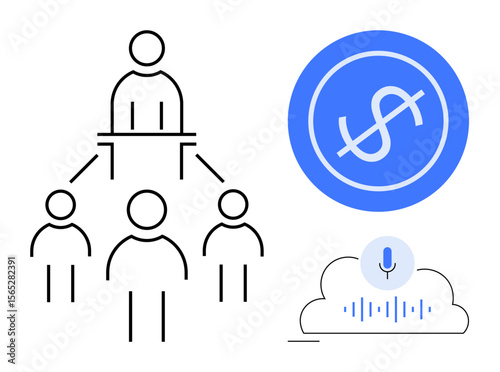 Structured team hierarchy diagram paired with financial growth icon and cloud voice recording. Ideal for management, finance, technology, leadership, collaboration, innovation, communication. Simple
