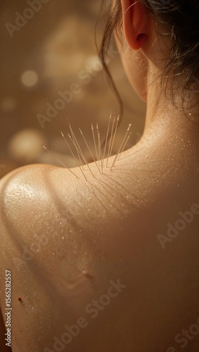 Close up of a woman's back with acupuncture needles in it in a warm and inviting setting