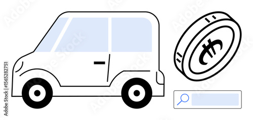 Minimalist car illustration, digital coin with blockchain symbol, and search bar. Ideal for fintech, ridesharing, online transactions, car rental, blockchain, digital currency simple landing page