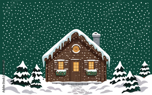 Rustic wooden cabin nestled amidst snowy winter landscape with falling snowflakes vector