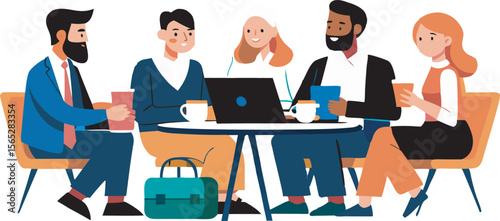 Diverse groups of professionals are engaged in team meetings around a table