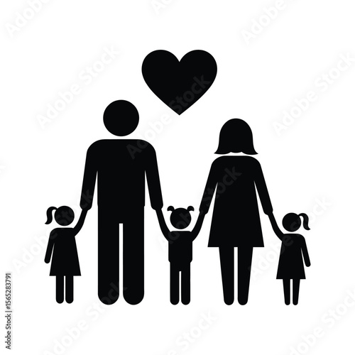 Black Silhouette Family of Four with Heart Family Icon Love Parents and Children