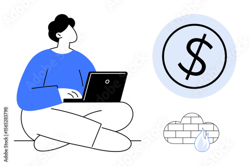 Individual sitting with laptop beside dollar sign, wall, and water drop elements. Ideal for finance, online job, saving, investment, technology risk management security concepts. Clean flat