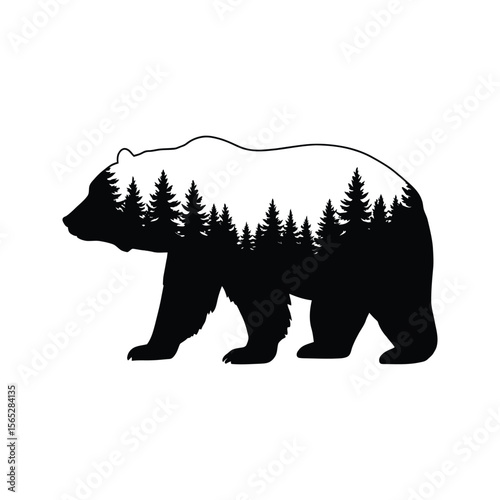 Black Bear Silhouette with Pine Tree Forest Inside Nature Graphic Wildlife Illustration