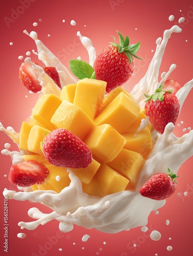 Wallpaper Mural Fruit Splash: Strawberries and Mango in Creamy Burst Torontodigital.ca