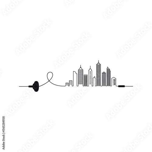 Cityscape Line Art Modern Buildings Connected by Cable Urban Soundscape Concept