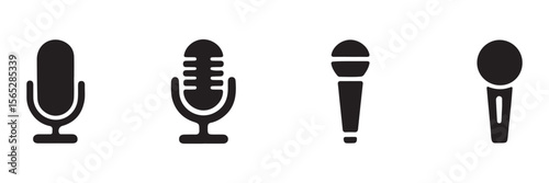 Different microphone collection. Podcast mike, journalist microphone, karaoke, conference. Thin line microphone pictogram. Voice record mike icon in black. eps 10