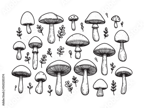 Collection of hand drawn mushroom illustrations isolated on white background