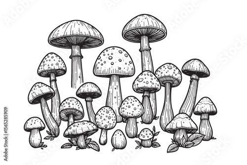 Collection of hand drawn mushrooms in black and white isolated on white background