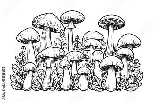 A detailed illustration of various mushrooms and foliage isolated on white background