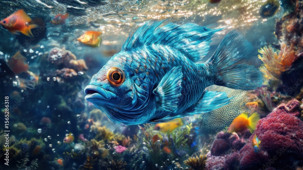 Fototapeta premium Captivating turquoise fish swims through vibrant coral reef waters, surrounded by bubbles and other colorful fish.