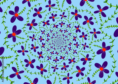 A vibrant, swirling pattern of flowers and green vines, creating a dazzling and hypnotic floral design.