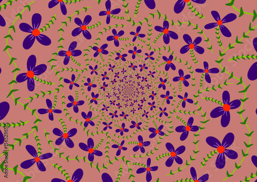 A vibrant, swirling pattern of flowers and green vines, creating a dazzling and hypnotic floral design.