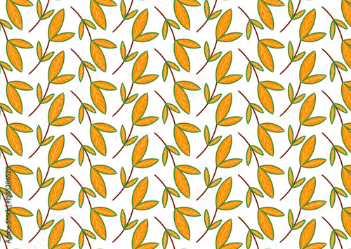 A seamless pattern features stylized orange leaves on branches.