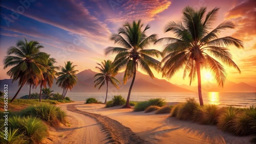 Serene Sunset Vista Coastal Path Winding Through Tropical Palm Trees on a Sandy Beach at Golden Hour