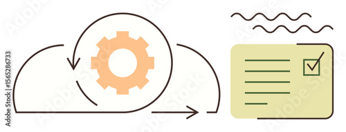 Gear within cloud rotates and interacts with a task card featuring checklist items. Ideal for workflow, project management, automation, process integration, task completion, software development