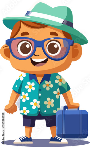 Cartoon illustration of a smiling boy with a backpack and glasses, a kid character for school or fun design