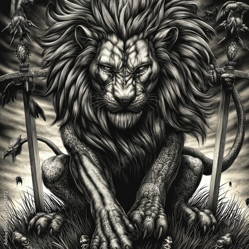 A black and white drawing of a lion sitting in the grass