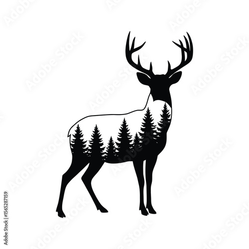 Majestic Deer Silhouette with Forest Inside  Nature Wildlife Double Exposure Graphic