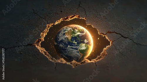 Cracked Ground Reveals Earth's Globe Surrounded by Cosmic Light and Stars