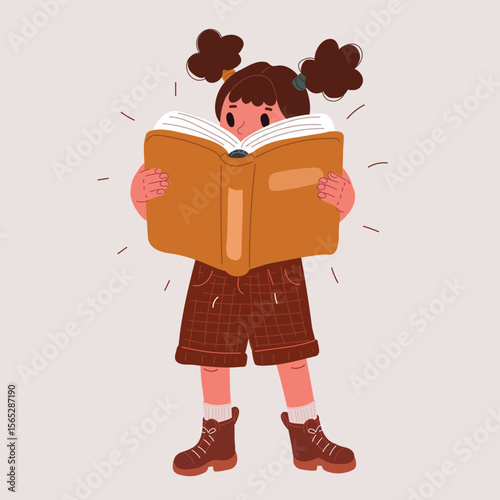 Cartoon vector illustration of a girl reading a book as a metaphor for learning, imagination, and personal growth