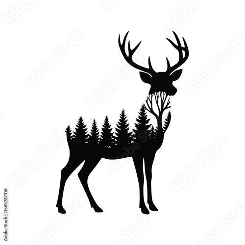 Majestic Deer Silhouette with Forest Inside Nature Double Exposure Wildlife Art