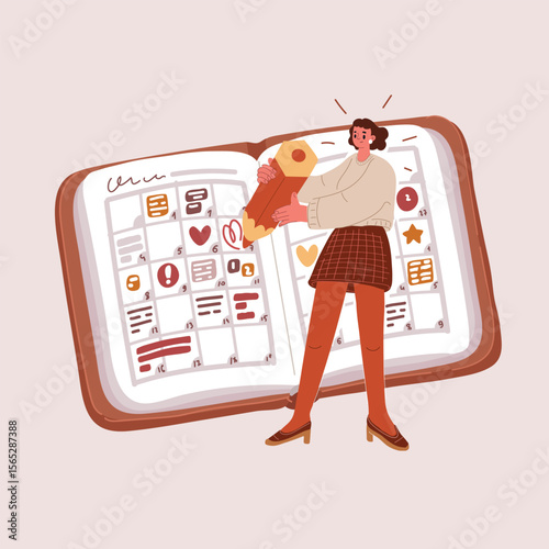 Cartoon vector illustration of a girl writing in a digital diary as a metaphor for self-expression and reflection