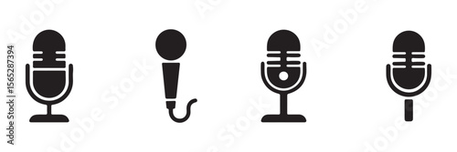 Different microphone collection. Podcast mike, journalist microphone, karaoke, conference. Thin line microphone pictogram. Voice record mike icon in black. eps 10