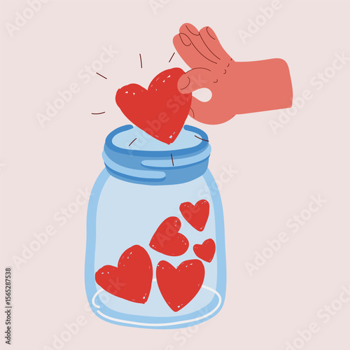 Cartoon vector illustration of a hand putting hearts in a jar as a metaphor for kindness, giving, and emotional saving