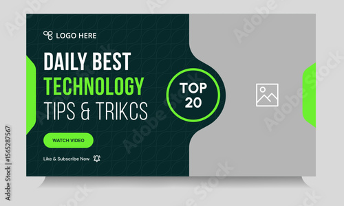 Daily technology tips and tricks video thumbnail banner design, daily photography learning tips and techniques video cover banner design, editable vector eps 10 file format