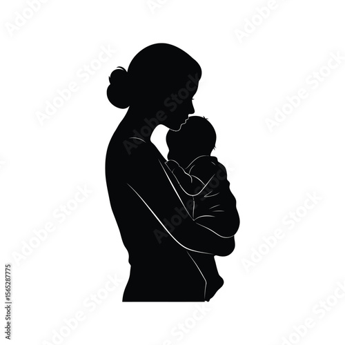Mother and baby silhouette vector illustration maternal love tender moment family bond parenting motherhood childcare black and white clip art