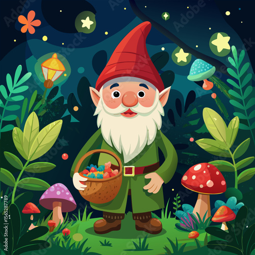 Whimsical cartoon Santa Claus in a snowy winter forest, celebrating Christmas with gifts and festive decorations under the night sky