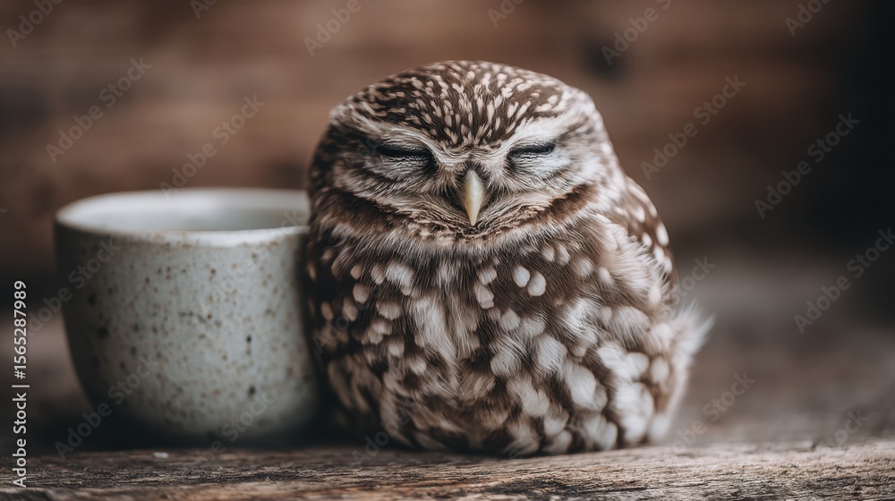 Obraz premium A small owl sitting next to a cup of coffee