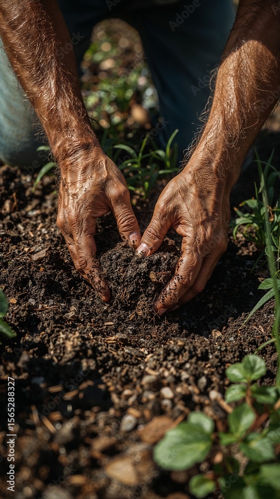Fototapeta premium Close up of weathered hands working dark soil in a garden with green plants around the edges of the frame