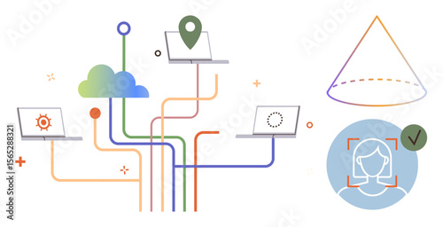 Laptops connected via cloud, lines, and icons representing data integration, geolocation pin, facial recognition, and process automation. Ideal for technology, cloud computing, cybersecurity data