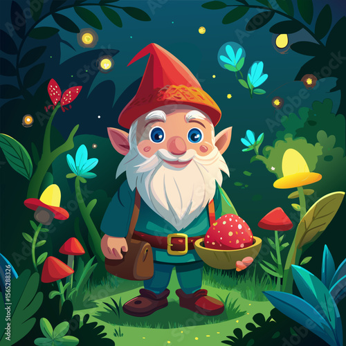 A happy cartoon Santa Claus with a red hat and beard stands by a festive Christmas tree, celebrating the holiday season with gifts