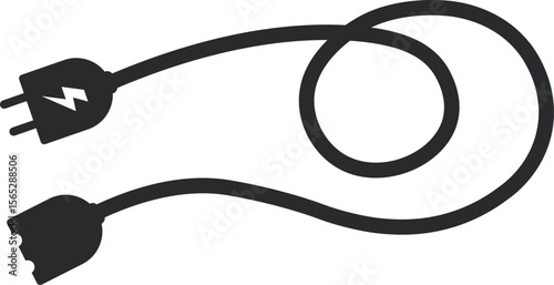 Vector illustration of a disconnected power plug and socket cable. Minimal black silhouette with energy icon. Perfect for technology, power failure, and electricity concepts.